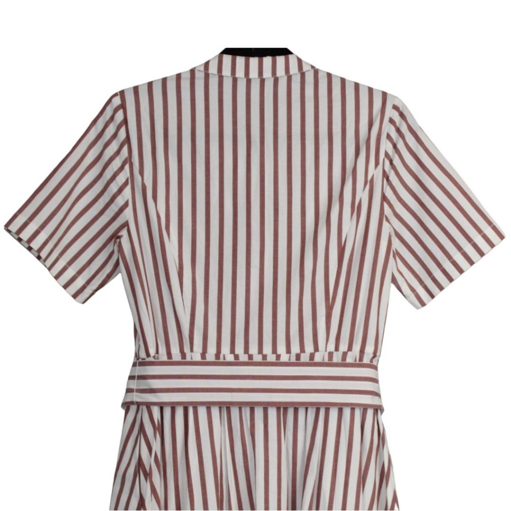 Boden 8R Brick Red White Striped Dress Button Down Belted Waist Tie Short Sleeve - Picture 6 of 12